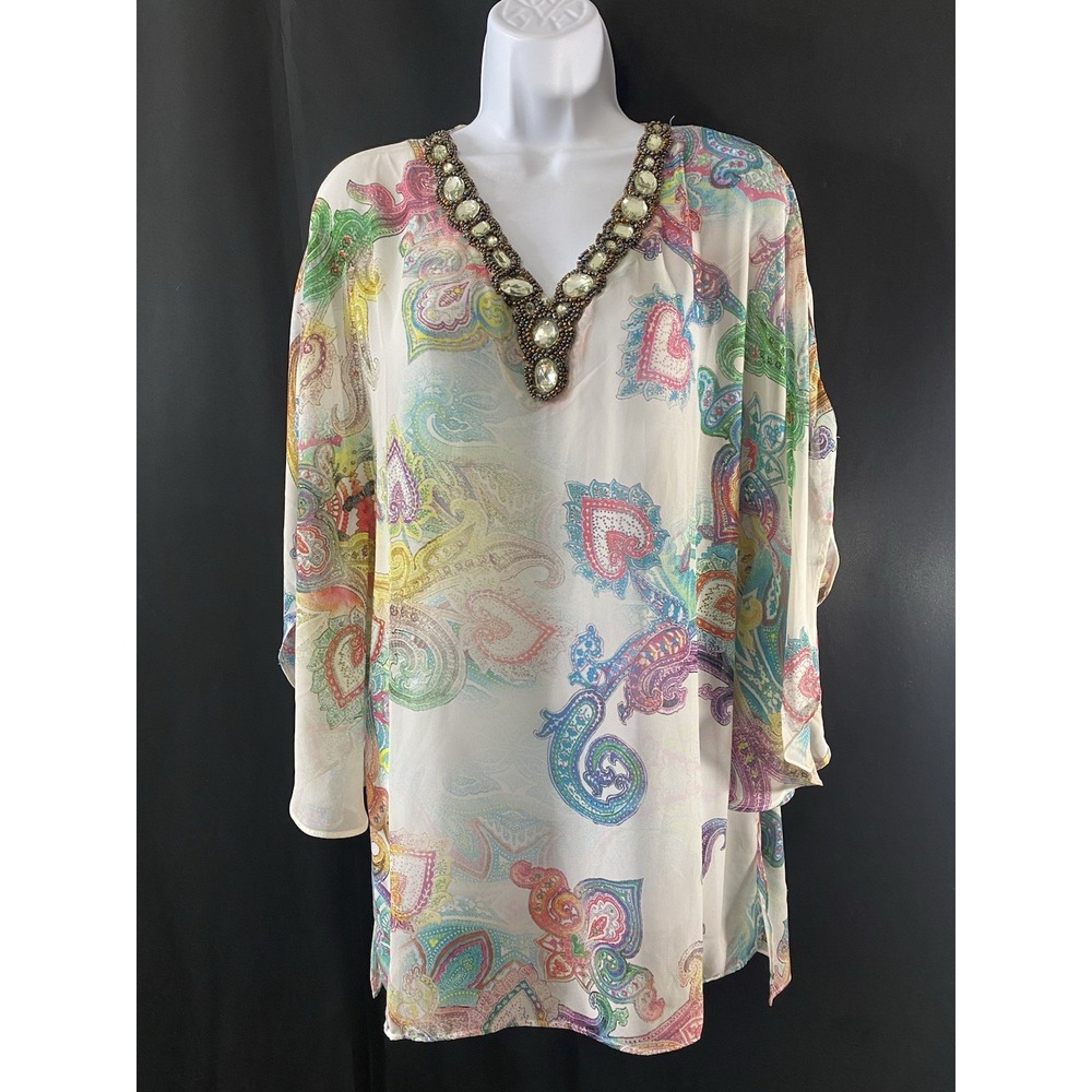 Susan Graver Artisan Womens Paisley Rhinestones Butterfly Sleeve Size 10 Jewled